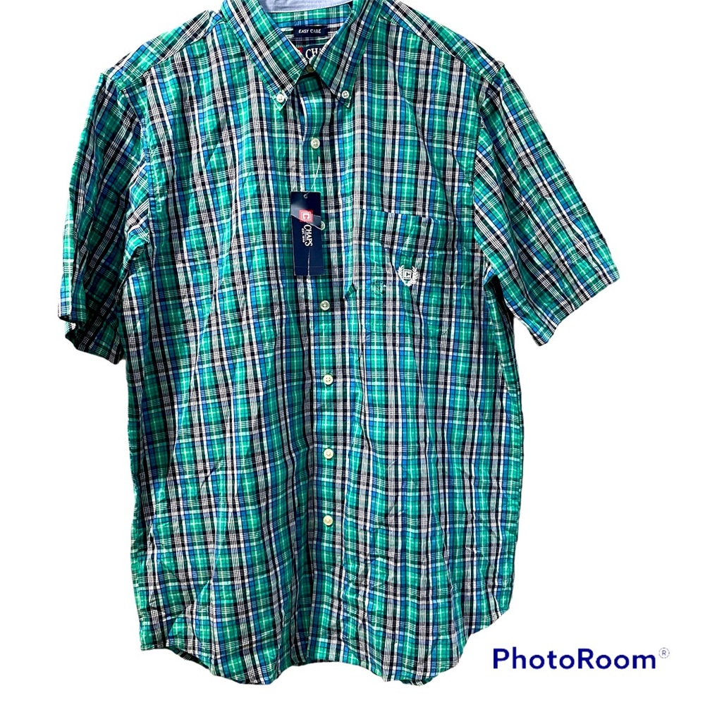 Chaps Men’s Short Sleeve Shirt Plaid Button Up Green Blue New With Tags Medium